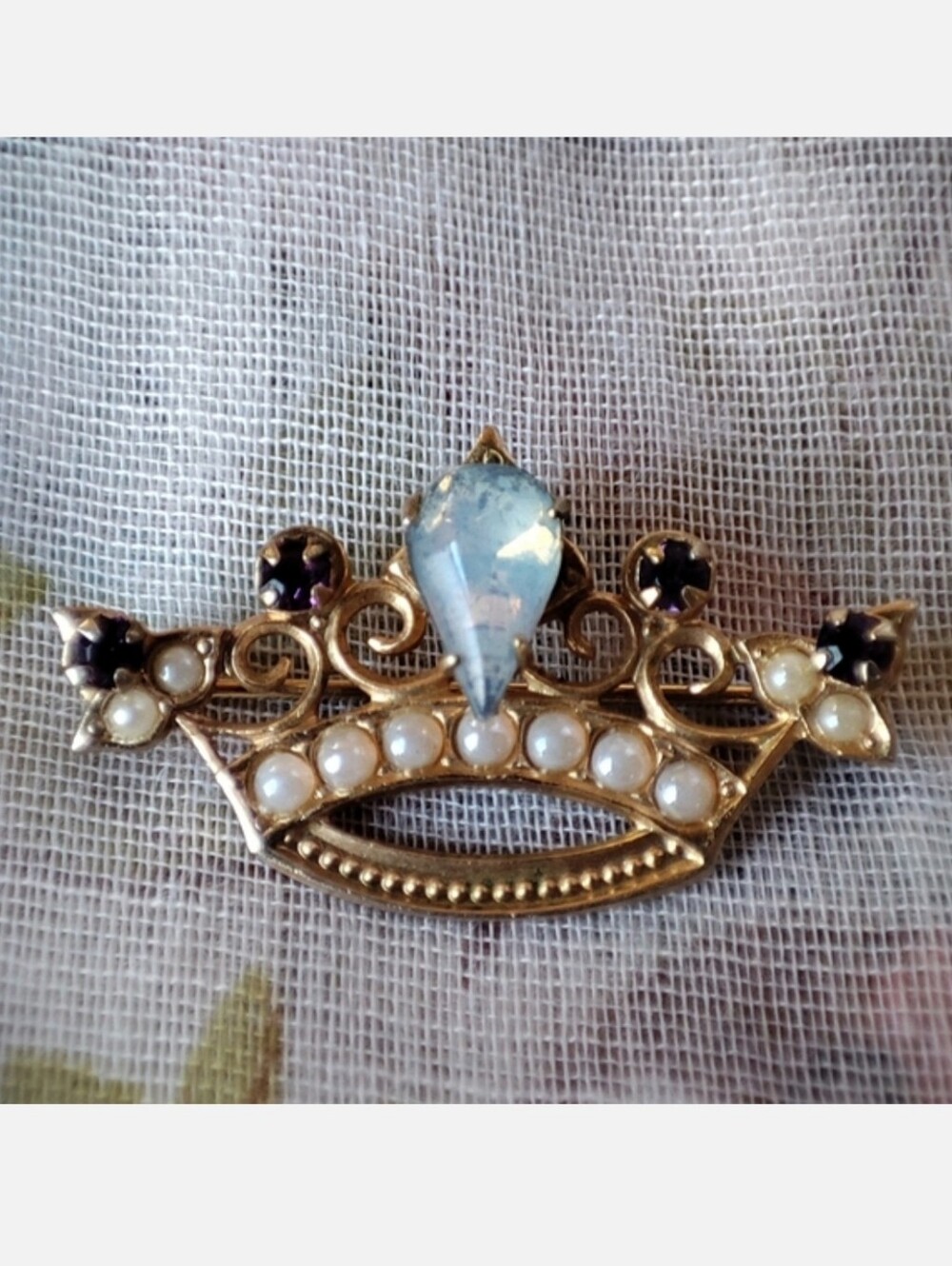 Heavy Gold Plate Crown Tiara Queen Your Majesty Brooch Opal Purple Vintage EUC